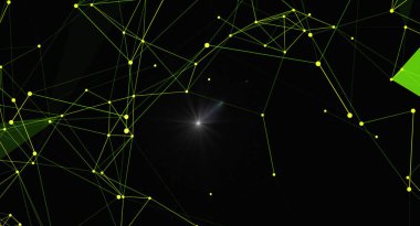 Birbirine bağlı noktalar ve çizgilerden oluşan bir ağın yer aldığı soyut bir illüstrasyon, teknolojik veya bilimsel bir arkaplan oluşturuyor. Tasarım, dinamik bir element ekleyerek bağlantı ve veri akışını vurgular..