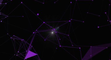 Siyah arkaplan üzerinde mor ağ bağlantıları olan soyut bir arkaplan. Bağlı çizgiler ve noktalarla teknoloji, bilim, veri veya dijital iletişimi temsil eder. Ağ düğümünü vurgulayan merkezi bir ışık kaynağı.