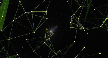 Koyu arkaplandaki sarı noktaları birleştiren yeşil çizgilerden oluşan fütürist soyut bir arkaplan. Tasarım bir ağ bağlantısını, veri akışını veya teknolojik sistemi temsil eder. Bilim, teknoloji ve yardımcı kavramları resmetmek için ideal