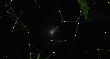 Bağlı noktalar ve çizgiler ile soyut bir teknolojik ağ arka planı. Bilim, teknoloji ve iletişim kavramları için geleceksel tasarım. Sunumlar, web siteleri ve dijital medya projeleri için harika.