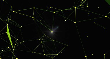 Bağlı nokta ve çizgilerle soyut geometrik arkaplan. Dijital ağ konsepti. Siyah arka planda parlayan noktalar ve çizgiler. Geleceksel tasarım.