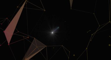 Karanlık bir zemin üzerinde parlak çizgiler ve düğümler bulunan gelecekçi bir ağı tasvir eden soyut bir resim. Merkezi ışık kaynağı bağlantıyı ve dijital iletişimi vurguluyor.