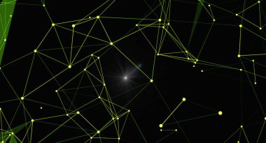Birbirine bağlı yeşil çizgiler ve koyu bir arkaplan üzerinde noktalar barındıran modern bir soyut ağ arka planı. Kompozisyon, merkezinde bağlantı, veri ve teknolojik gelişmeyi sembolize eden parlak bir ışık elementi içerir. Bu tasarım s