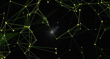 Karanlık bir arkaplana karşı bağlantılı nokta ve çizgilerden oluşan geometrik bir ağ içeren görsel olarak çarpıcı soyut bir görüntü. Bu teknoloji, veri bağlanabilirliği ve fütüristik tasarımları çağrıştırıyor. Karmaşık yapı karmaşık sistemler ve 