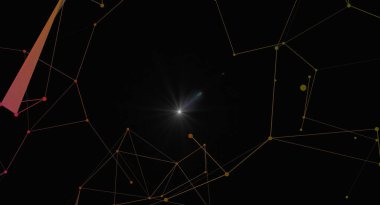 Birbirine bağlı çizgiler ve noktalar içeren soyut bir ağ çizimi ile karanlık bir arkaplan üzerinde merkezi bir parlama noktası var. Bu modern teknolojiyi, veri bağlantısını ve gelecekteki kavramları temsil eder. Arkaplan ve grafik tasarımı için mükemmel