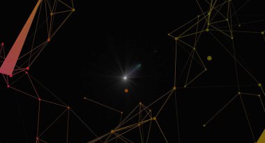 Bir ağın soyut bir temsili, siyah arkaplana karşı birbirine bağlı çizgiler ve düğümler içerir. Parlak, parıldayan bir nokta, veri akışını ve teknolojik yeniliği sembolize eden merkezi bir bağlantı görevi görmektedir. Resmetmek için ideal kavram 