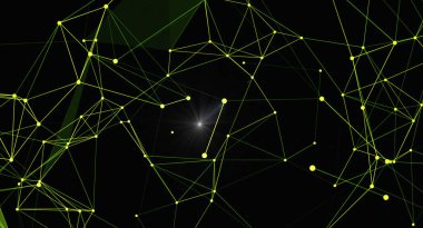 Birbirine bağlı çizgiler ve karanlık bir arkaplanda parlayan düğümlerden oluşan büyüleyici bir soyut resim. Bu fütüristik tasarım teknoloji, iletişim ve dijital ağları çağrıştırarak, bilimsel veya te için ideal hale getirmektedir.