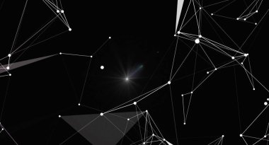Ağ bağlantıları olan soyut bir dijital arkaplan. Beyaz çizgiler ve noktalar, teknoloji, veri ve bağlantıyı temsil eden siyah bir arkaplan karşısında karmaşık bir yapı oluşturuyor. Sunumlarda, web sitelerinde veya tasarımlarda kullanmak için ideal