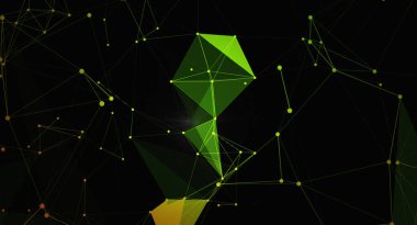 Yeşil ve sarı çizgilerden oluşan soyut bir ağ, teknoloji, veri ve gelecekteki kavramları temsil eden siyah bir zemin üzerindeki noktaları birleştirir. Geometrik tasarım ve dijital elementler karmaşık ve görsel olarak çekici bir illüstrasyon oluşturur..