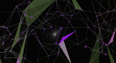Bağlı düğüm ve çizgilerden oluşan bir ağ içeren fütüristik soyut bir arkaplan, karmaşık ağ benzeri bir yapı yaratıyor. Parlayan düğümler, veri akışını, bağlantıları ve modern teknolojiyi sembolize eden dinamik bir element ekler. Tasarımlar için mükemmel 