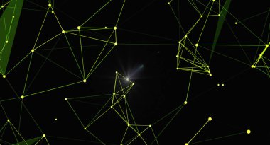 Parlayan noktalar ve çizgiler ile ağ bağlantılarının karanlık bir zemin üzerindeki soyut temsili. Dijital iletişimi, gelecekteki teknolojiyi ve veri ağlarını sembolize ediyor. Bilim ve teknoloji kavramları için harika..