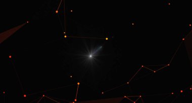 Birbirine bağlı noktalar ve çizgilerden oluşan bir ağ içeren soyut bir arkaplan, merkezi bir ışık patlaması ile aydınlatılmış. Tasarım, teknoloji, iletişim ve gelecekteki yenilik temalarını iletir. Teknoloji sunumları, web siteleri ve grafik tasarımı için ideal 