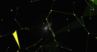 Karanlık bir arkaplana karşı ışıldayan bir efektle aydınlatılmış, birbirine bağlı çizgi ve noktalardan oluşan bir ağ içeren soyut bir resim. Geometrik şekiller ve çokgen tasarım verileri ve komünü temsil etmek için ideal, geleceksel ve teknolojik bir his yaratır.