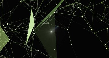 Karanlık bir arkaplan karşısında birbirine bağlı düğüm ve çizgilerden oluşan bir ağ içeren soyut bir tasarım. Geometrik ve çokgen elementler, teknoloji veya bilimle ilgili projeler için ideal modern ve fütüristik bir his yaratır..