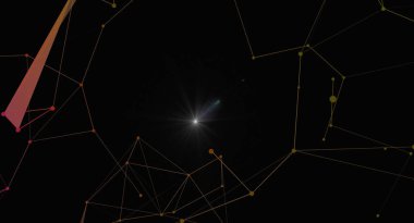 Karanlık bir arkaplan karşısında parlak merkezi bir ışık kaynağına sahip fütüristik soyut bağlı düğümler ağı. Veri bağlantısı, teknoloji ve iletişim gibi kavramları temsil eder. Karmaşık sistemleri ya da dijital ağları taşımak için ideal.