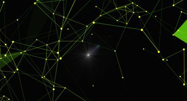 Siyah bir arkaplanda birbirine bağlı noktalar ve çizgiler olan soyut bir ağ arkaplanı. Teknoloji, iletişim ve dijital bağlantıların geleceğini temsil eder..