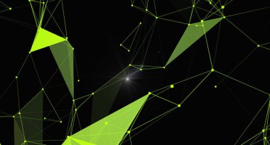 Siyah zemin üzerinde soyut geometrik şekiller ve parlak bir ışık patlaması içeren neon yeşil bir dijital ağ bağlantısı. Bu resim modern teknolojiyi, bilimi, iletişimi ve fütüristik tasarımı temsil eder ve çeşitli dijitalar için uygundur.