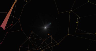 Merkezi bir yıldıza bağlanan dijital bir ağın soyut çizimi. Tasarım, geometrik çizgiler ve bir kozmik uzay içinde veri iletişiminin, teknolojik ilerlemenin ve sanal sistemlerin göstergesi olan geleceksel bir ağ oluşturan noktalara sahiptir..