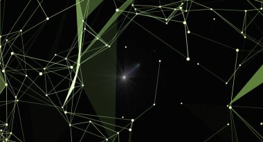 Karanlık bir arkaplanda ışıldayan bir noktayla bağlantılı noktalar ve çizgiler. Bu teknoloji, veri iletişimi, ağ oluşturma veya karmaşık bir sistemi temsil eder..