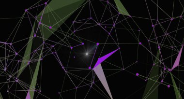 Siyah bir arkaplan karşısında birbirine bağlı mor çizgiler ve düğümlerden oluşan soyut bir arkaplan. Merkezden parlak bir ışık kaynağı yayılıyor, bağlantı, veri transferi ve teknolojik gelişmeyi öneriyor. Temsil için ideal.