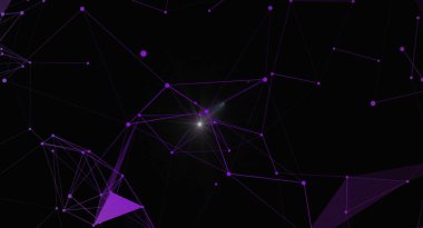 Birbirine bağlı düğümlere ve mor renk şemasına sahip soyut pleksus arkaplanı. Bilim, teknoloji ve modern tasarım projeleri için ideal. Bağlanabilirliği, veri ağlarını ve gelecekteki kavramları temsil eder.