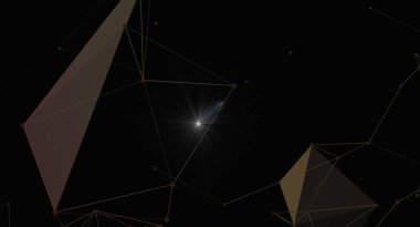 Parlak noktalı soyut geometrik ağ arkaplanı. Veri, iletişim ya da teknolojik kavramlar için bağlı bir sistemin tasviri. Bilim, bilişim ve yenilikçi tasarım projeleri için ideal.