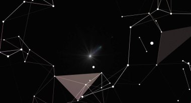 Merkezinde parlayan bir ışık olan soyut pleksus arkaplanı. Karanlık bir zemin üzerinde ağ bağlantıları, çokgen yapılar ve geometrik şekiller oluşturur. Teknoloji, bilim veya gelecek tasarım kavramları için idealdir..