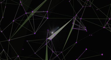Pleksus ağı ve mor noktalı soyut bir arkaplan. Bu tasarım teknoloji, bilim ve birbirine bağlılığı temsil eder. Parlayan merkez, fütüristik ve modern bir his yaratan karmaşık ağ yapısına dikkat çekiyor..