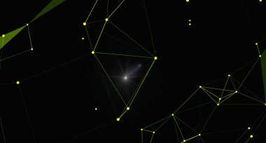 Merkezinde parlak bir ışık patlaması olan dijital bir pleksus arka planı. Sarı noktalar çizgilerle birleştirilirse teknoloji veya fütüristik kavramlar için modern bir ağ dizaynı oluşturulur. Karanlık bir zemin üzerindeki soyut yapı yaratıcı ve sanal siberler sunuyor.