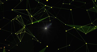 Bağlı çizgi ve noktalarla soyut pleksus arkaplanı. Geometrik ağ bağlantısı. Dijital teknoloji görselleştirme kavramı. Karanlık arka planda parlayan düğümler ve çizgiler. Vektör illüstrasyonu