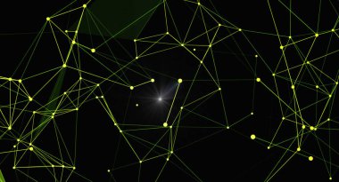 Parlak bağlantılar ve ağlar içeren soyut bir pleksus arka planı. Görüntüde, birbirine bağlı çizgiler ve düğümlerle birlikte karanlık bir zemin oluşturan fütüristik ve teknolojik bir his var. Verileri, iletişimi veya bilimsel konumu temsil etmek için mükemmel