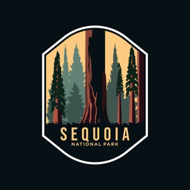 sekoya ulusal park vektör yaması tasarımı, koyu arkaplanda dev ağaç logosu tasarımı