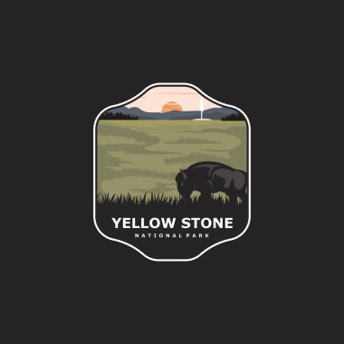Yellowstone Ulusal Parkı logo rozet amblemi vektör çizimi, gayzer ve bizon tasarımı