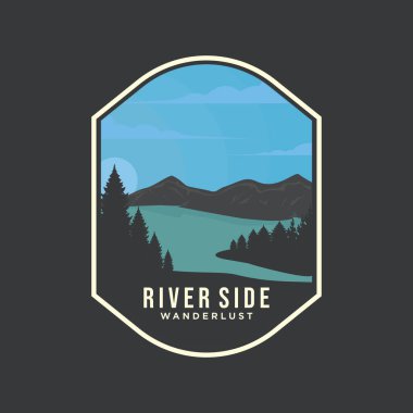 Nehir veya göl kıyısı amblem amblemi logosu çizimi koyu arkaplan illüstrasyon şablonu tasarımı. Doğada gezinen macera kavramı