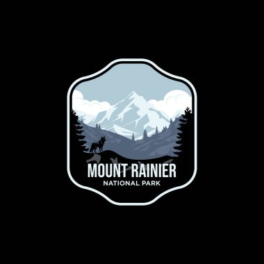 Mount Rainier Ulusal Parkı logo yaması çizimi, dağ zirvesi peyzaj tasarımı amblemi
