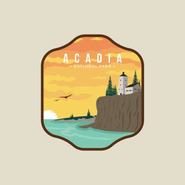 Acadia Ulusal Parkı 'nın koyu arkaplan üzerindeki amblem yama logosu çizimi