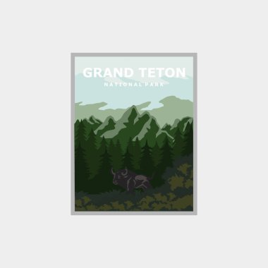 Grand Teton Ulusal Parkı logo poster çizimi, Güzel Dağ nehir manzarası tasarımı