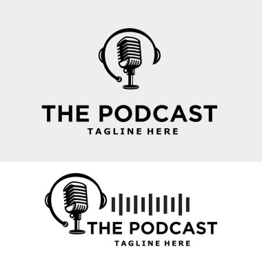 Podcast logo ikonu mikrofon vektör tasarımı. Siyah ses dalgası simgesiyle Podcast amblemi