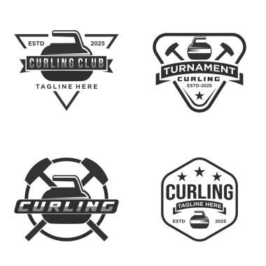 Beyaz arkaplanda curling spor logo amblemleri vektör tasarımları koleksiyonu