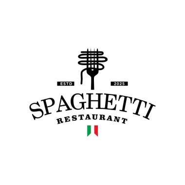 Retro hipster klasik spagetti makarna logo vektör şablonu. Beyaz arka planda basit bir stil.