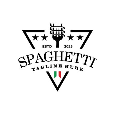 Çatal ve makarna ile İtalyan spagetti amblemi tasarımı. Restoran, iş ve aşçılık için logo