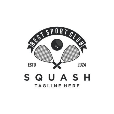 Squash kulübü amblemi, turnuva, squash logosu tasarımı, squash raketi ve top vektörü.