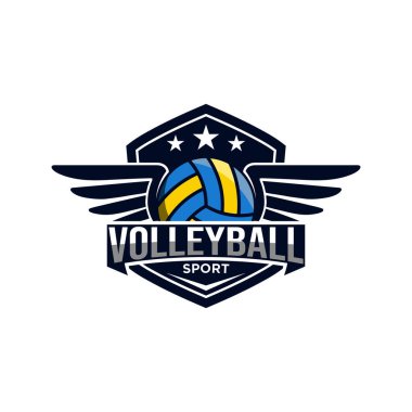 Voleybol logosu tasarımı, spor rozeti şablonu. Vektör illüstrasyon logo vektör şablonu. Turnuva ya da şampiyonluk için spor rozeti.