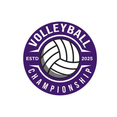 Voleybol kulübü rozet tasarımı. Vektör çizimi. Üniversite spor kulübü amblemi, imza, logo için. Eski etiketler, çıkartmalar