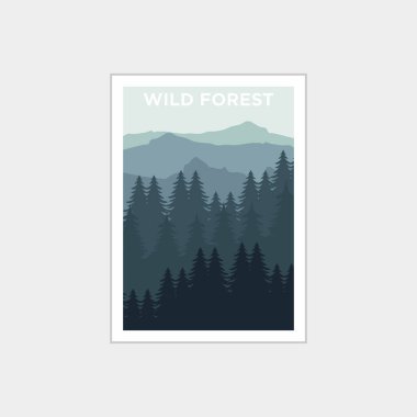 Vahşi orman poster dağ vektörü, çam ormanı arka plan tasarımı