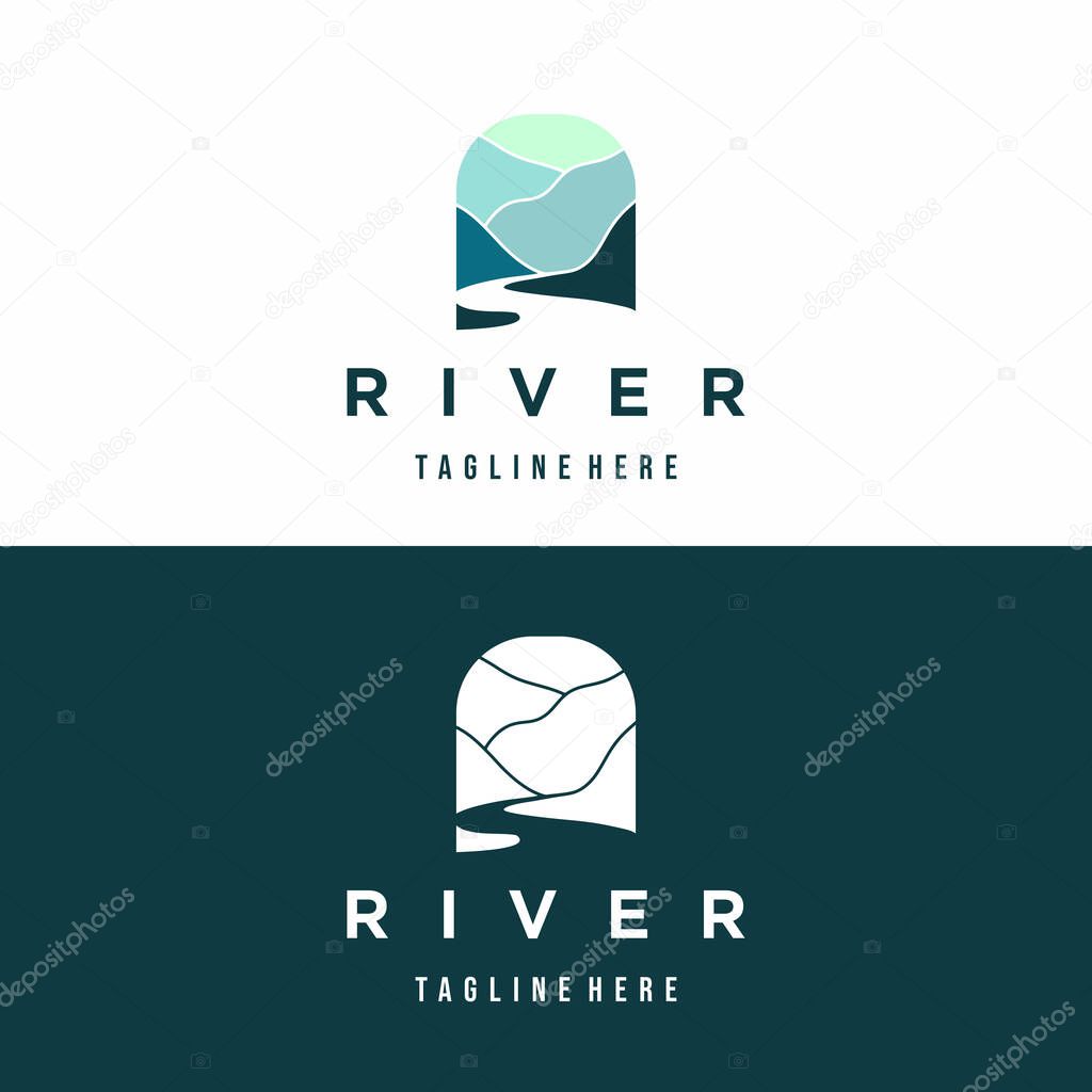 Logos of rivers, creeks, riverbanks and streams. River logo with combination of mountain