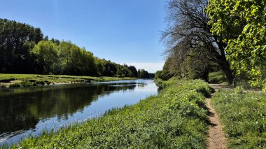 Nehir yemyeşil çimenlikte kıvrılıyor, yanında da toprak bir yol var.