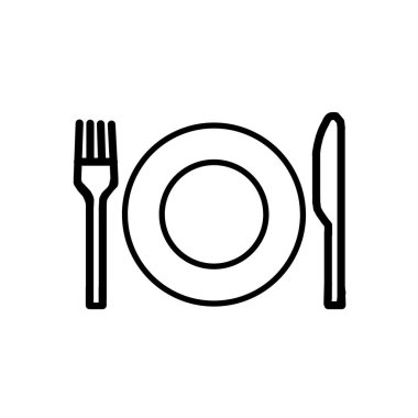 Yemek Esasları Simgesi. Yemek zamanını ya da yemek servislerini temsil eden çatal ve bıçaklı bir tabak gösteren basit bir siyah-beyaz simge.