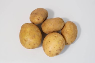 Taze patatesler. Beyaz arka planda izole edilmiş patatesler. Patatesleri sökün. Hasat koleksiyonu. organik, taze kazılmış patatesler. Sebzeler. Üst görünüm