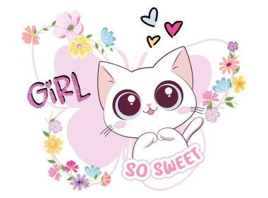 Vektör illüstrasyonu, çiçekli kedi yavrusu ve kelebek şeklinde doldurucu